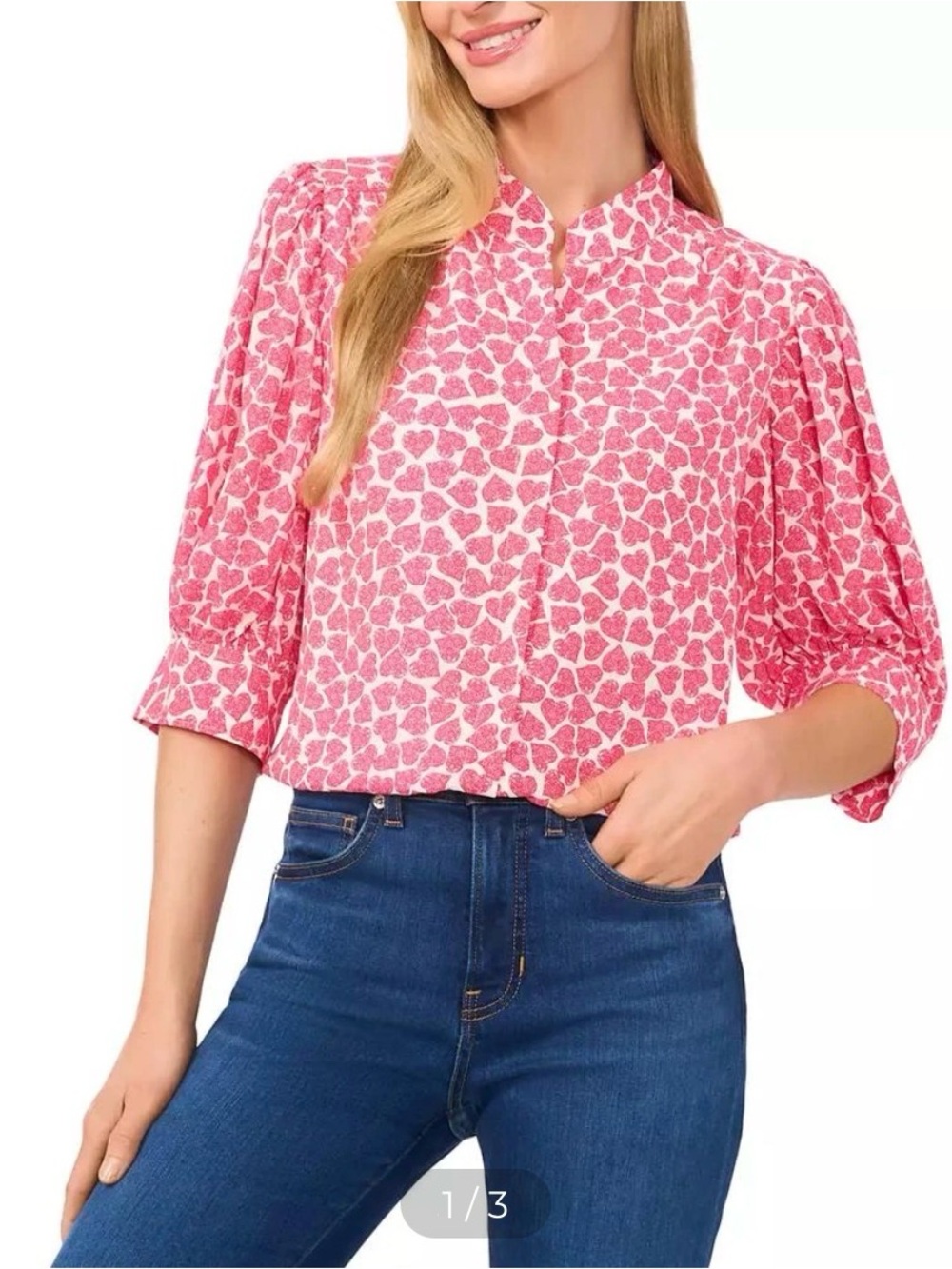Cece Pink Heart-Print Puff Sleeve Blouse Size M